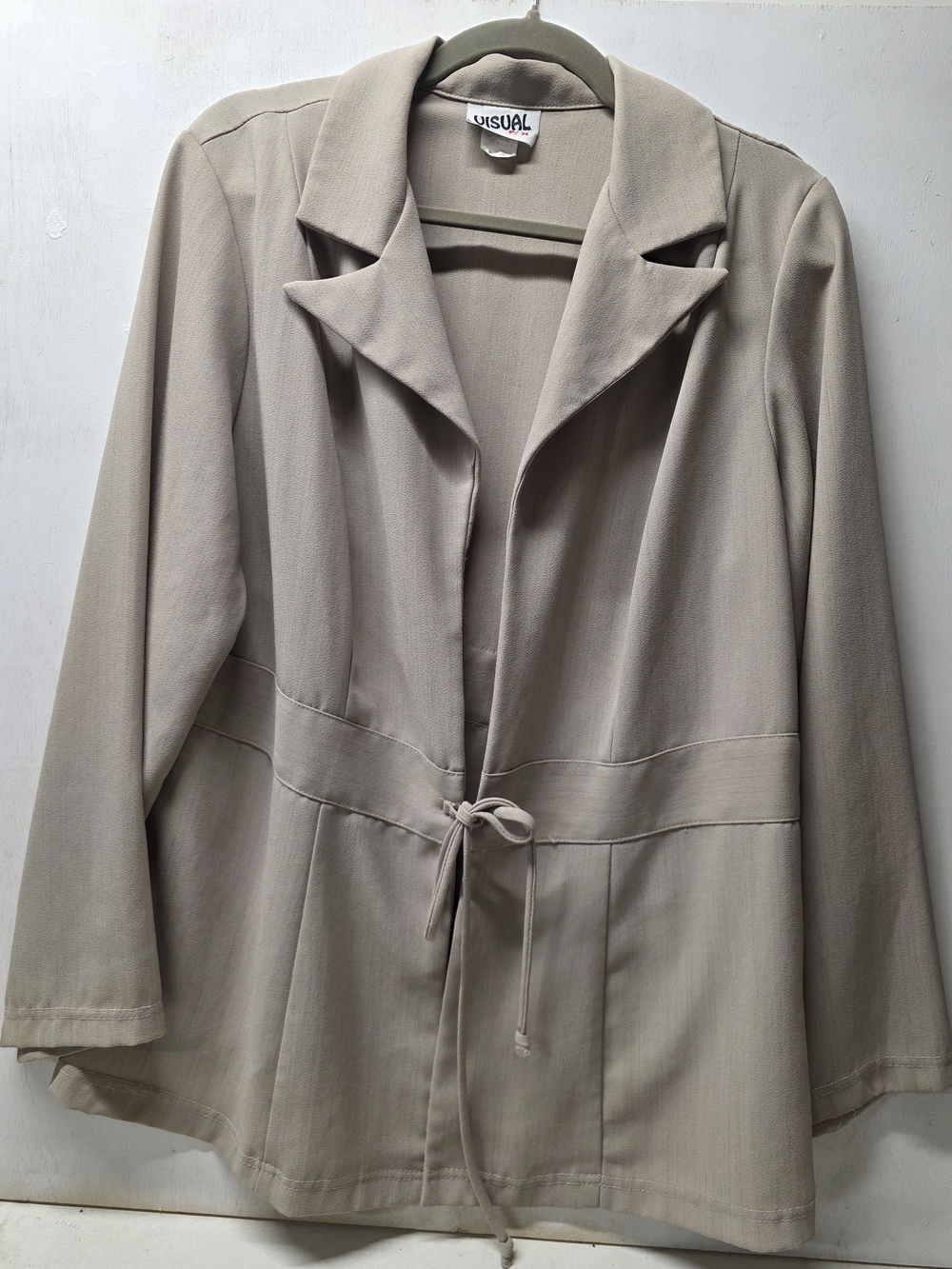 Vintage 90s Visual F/X Womens 1X Taupe Tie Front Blazer Jacket Longline